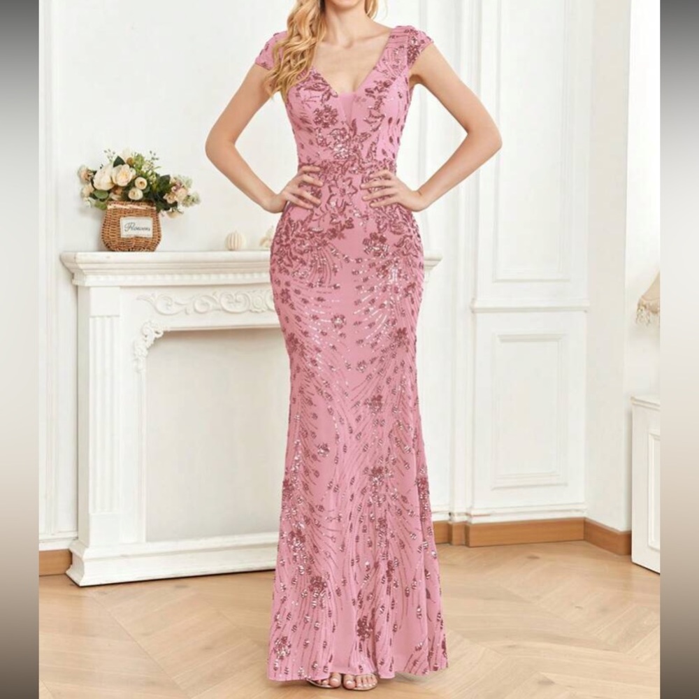 Luxe V neck sequin formal evening party dress - Picture 4 of 7